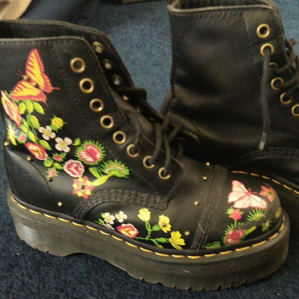Dr. Martens Black Boots with Colorful Floral and Butterfly Embroidery